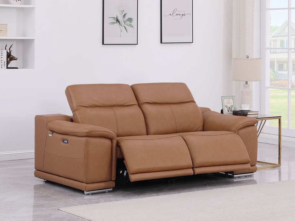 76" Chestnut and Silver Italian Leather Power Reclining Loveseat