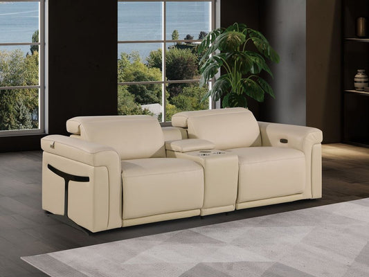 86" Cream and Black Italian Leather Power Reclining Loveseat With Storage