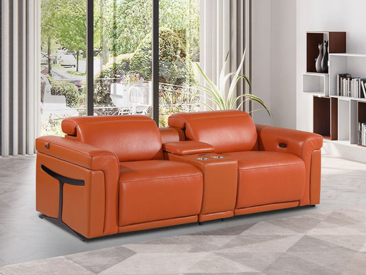 86" Orange and Black Italian Leather Power Reclining Loveseat With Storage