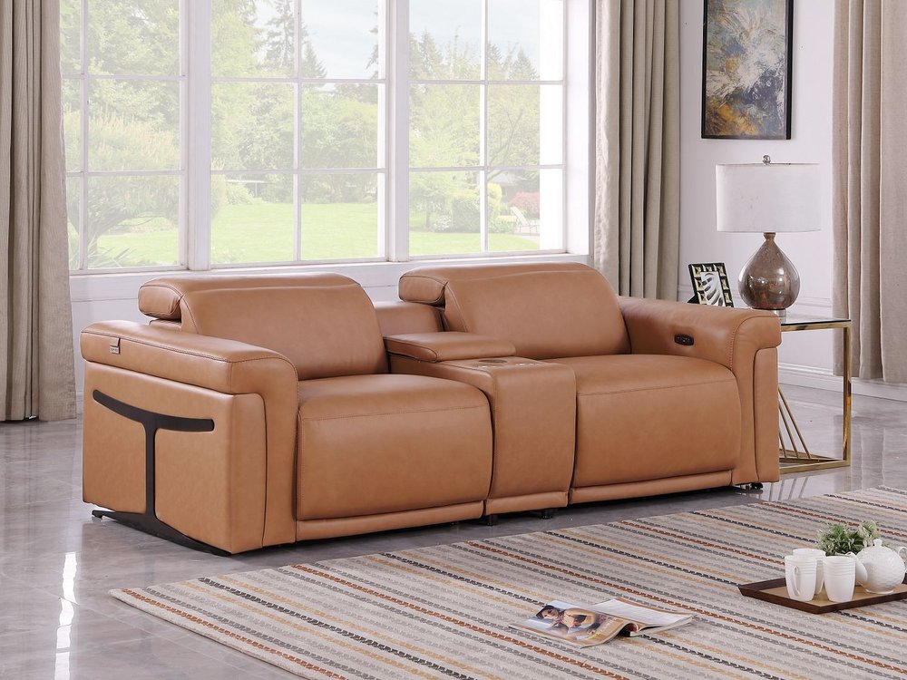 86" Chestnut and Black Italian Leather Power Reclining Loveseat With Storage