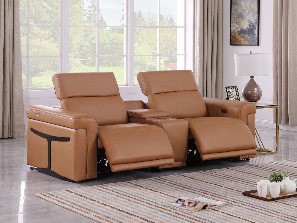 86" Chestnut and Black Italian Leather Power Reclining Loveseat With Storage