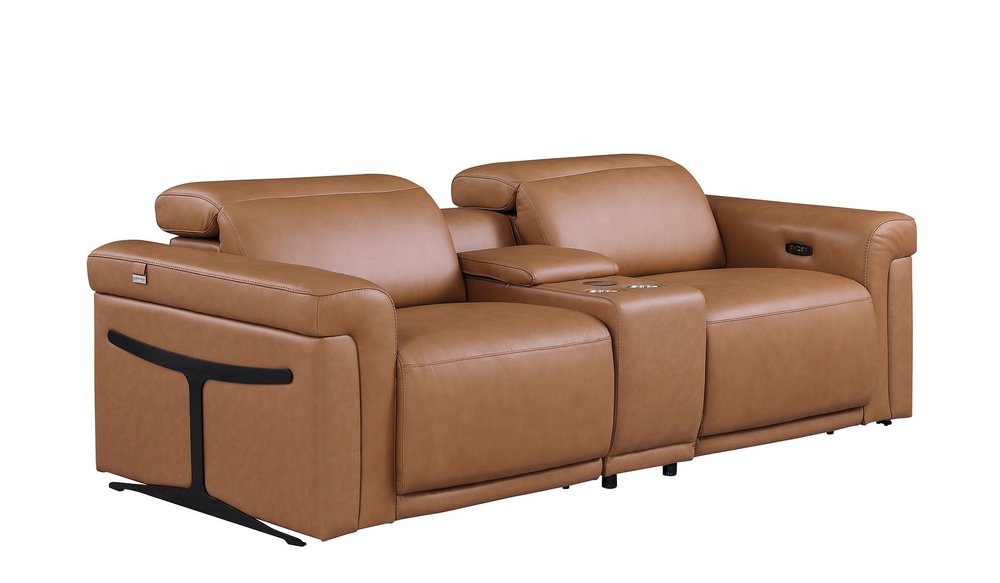 86" Chestnut and Black Italian Leather Power Reclining Loveseat With Storage
