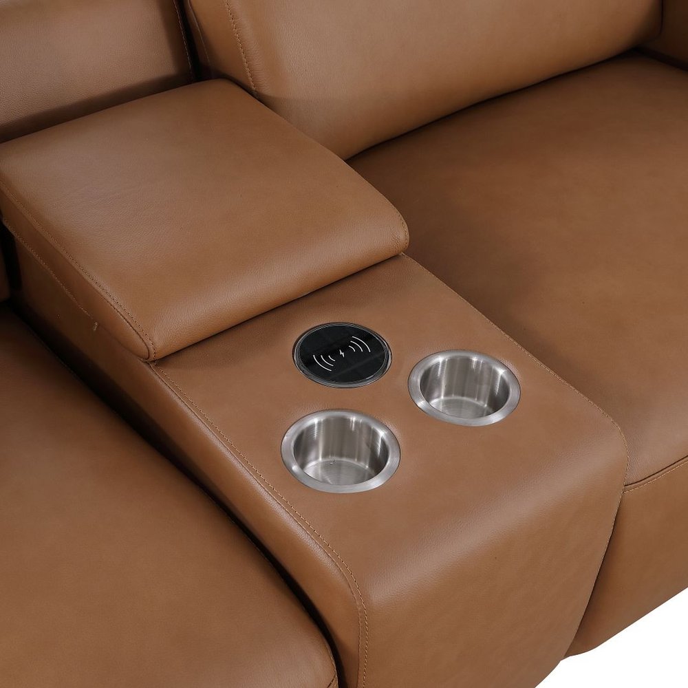 86" Chestnut and Black Italian Leather Power Reclining Loveseat With Storage