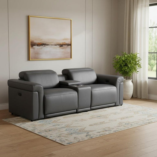 86" Dark Gray and Black Italian Leather Power Reclining Loveseat With Storage