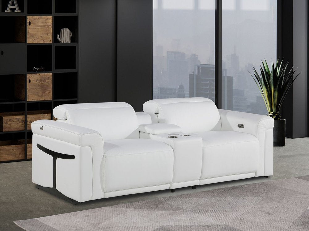 86" White and Black Italian Leather Power Reclining Loveseat With Storage