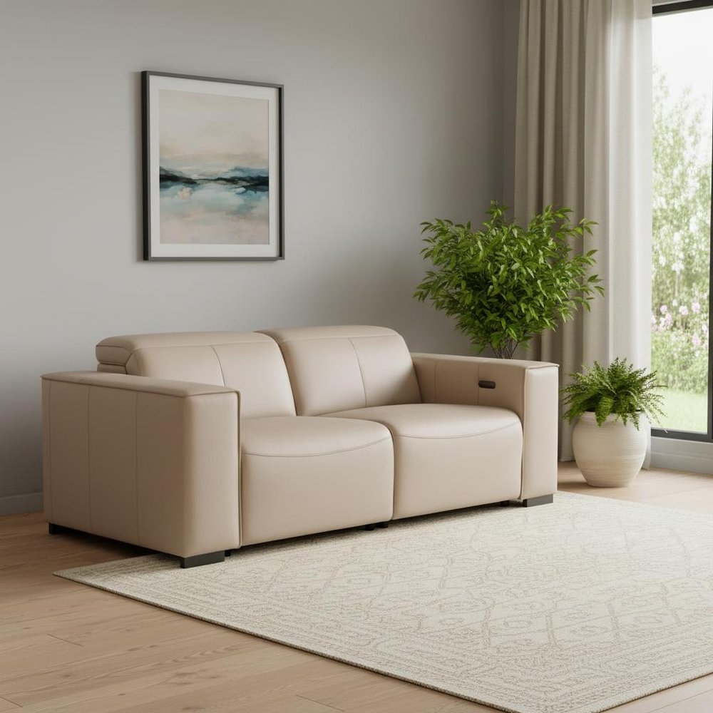 80" Cream and Brown Leather Power Reclining Loveseat