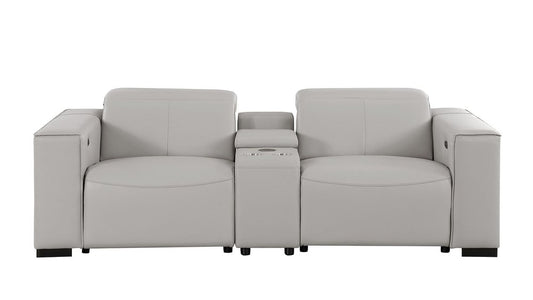 93" Light Gray and Brown Leather Power Reclining Loveseat With Storage