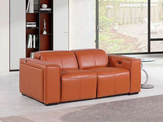 77" Orange and Brown Italian Leather Power Reclining Loveseat With Storage