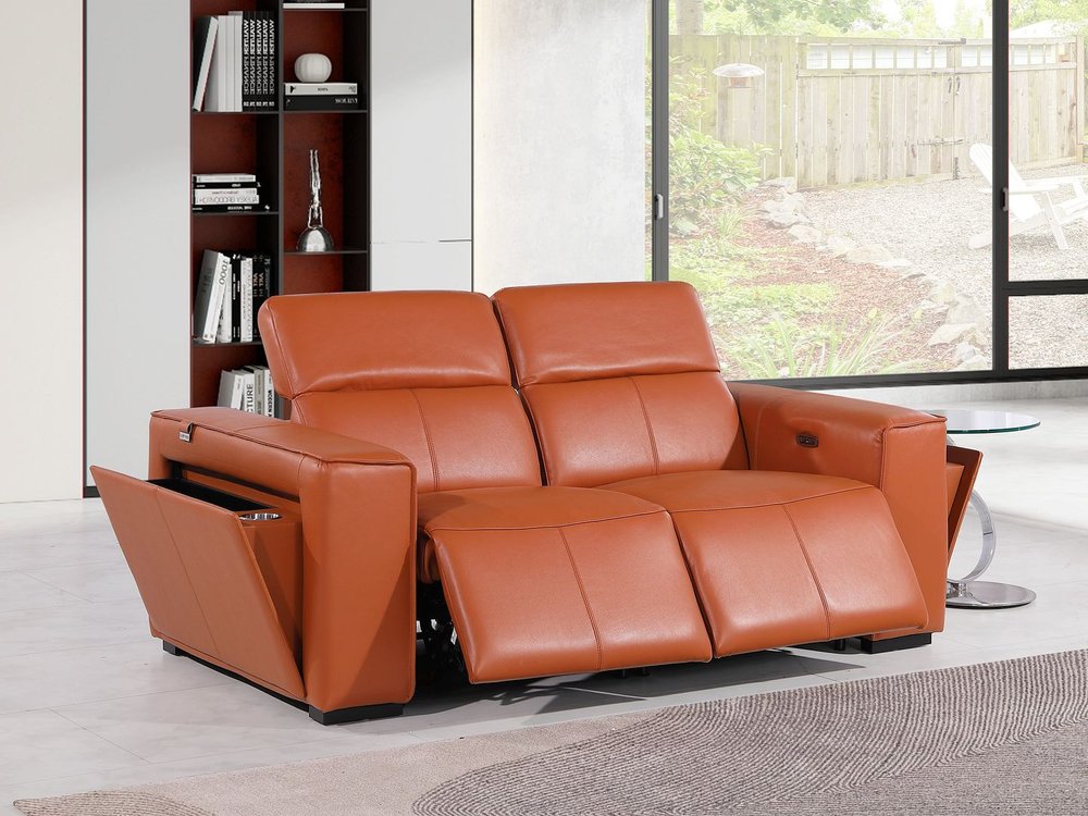 77" Orange and Brown Italian Leather Power Reclining Loveseat With Storage