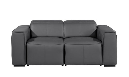 77" Dark Gray and Brown Italian Leather Power Reclining Loveseat With Storage