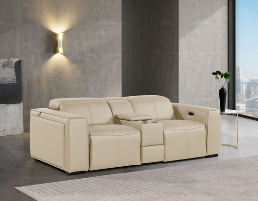 90" Cream and Brown Italian Leather Power Reclining Loveseat With Storage
