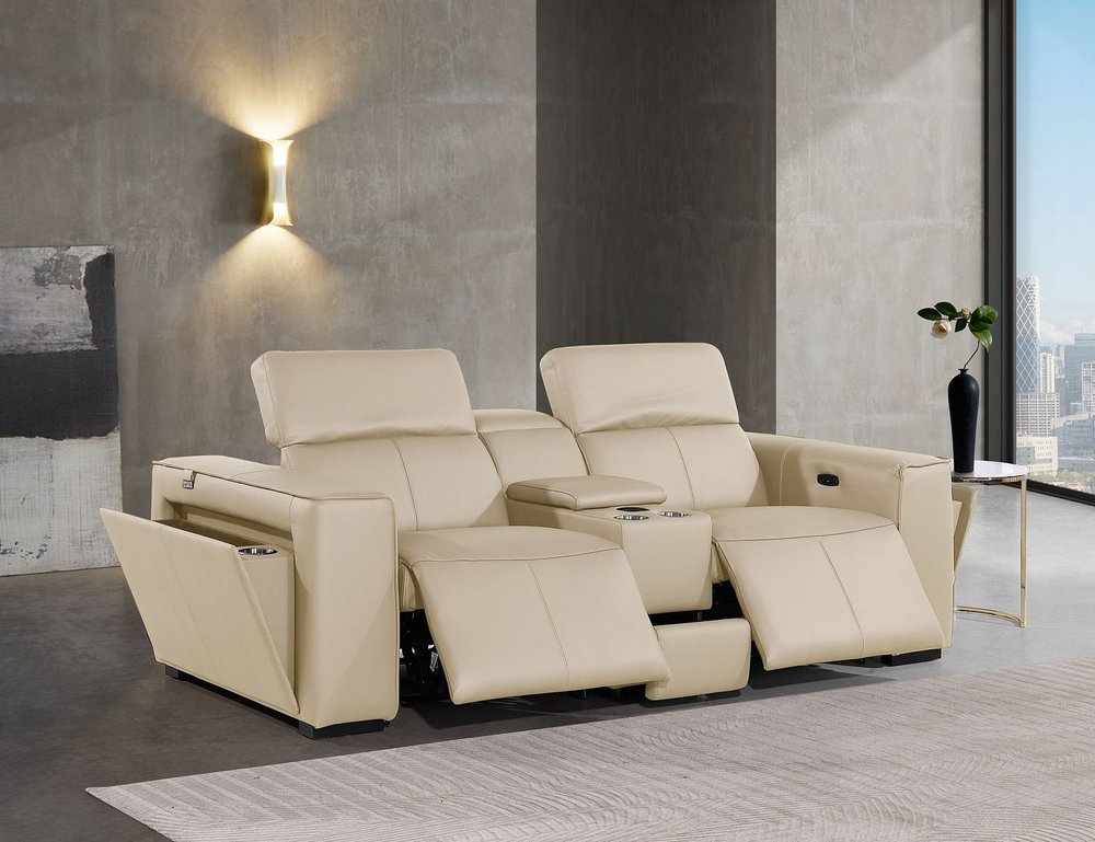 90" Cream and Brown Italian Leather Power Reclining Loveseat With Storage
