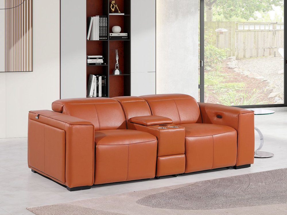 90" Orange and Brown Italian Leather Power Reclining Loveseat With Storage