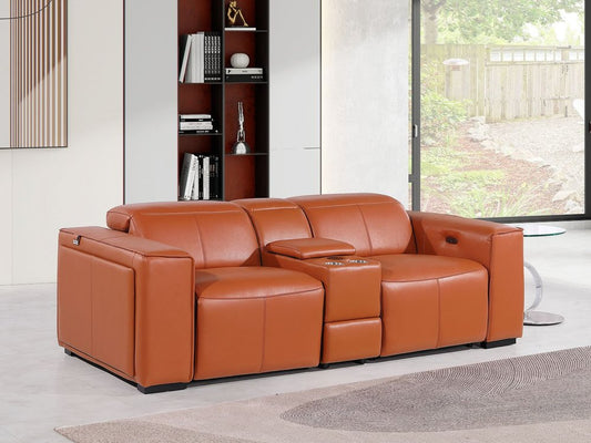90" Orange and Brown Italian Leather Power Reclining Loveseat With Storage