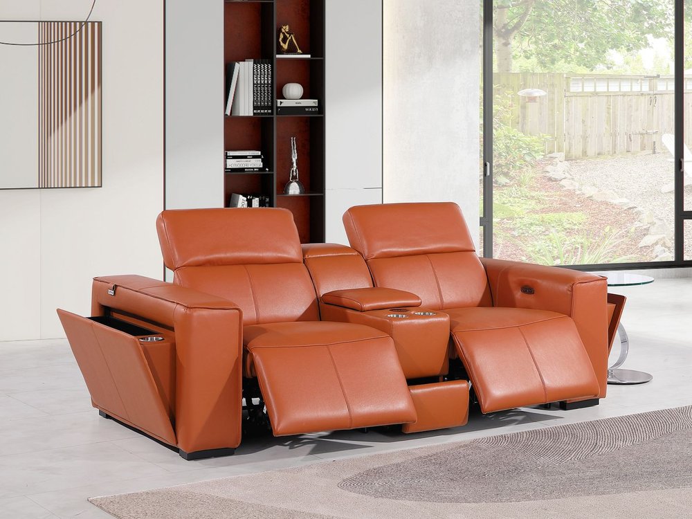 90" Orange and Brown Italian Leather Power Reclining Loveseat With Storage
