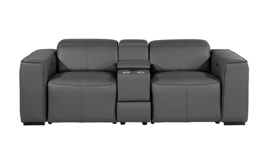 90" Dark Gray and Brown Italian Leather Power Reclining Loveseat With Storage