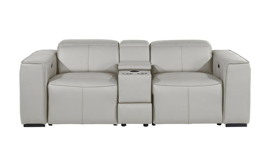 90" Light Gray and Brown Italian Leather Power Reclining Loveseat With Storage