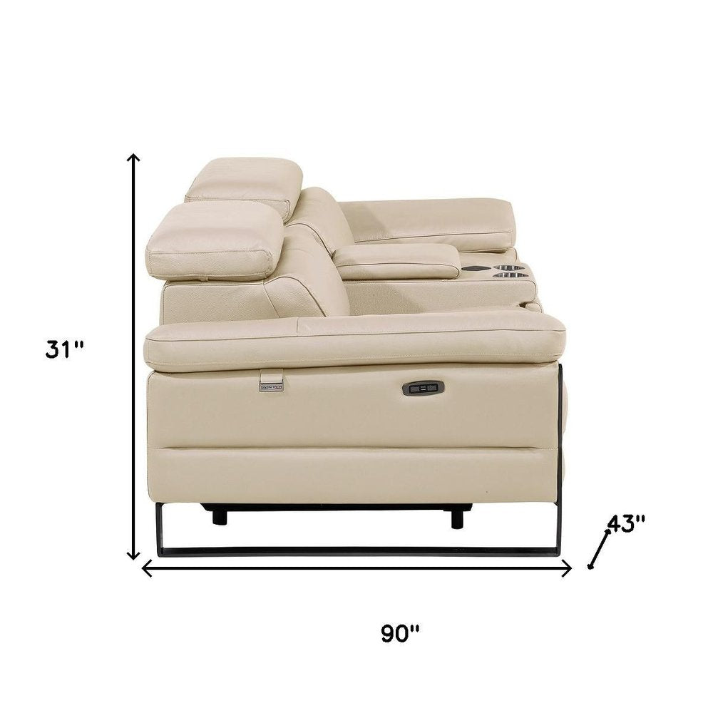90" Cream and Black Italian Leather Power Reclining Loveseat With Storage