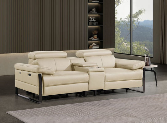90" Cream and Black Italian Leather Power Reclining Loveseat With Storage