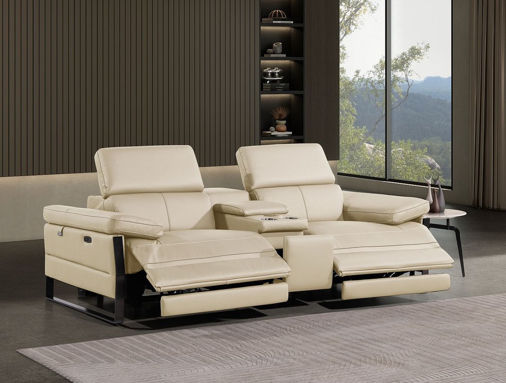 90" Cream and Black Italian Leather Power Reclining Loveseat With Storage