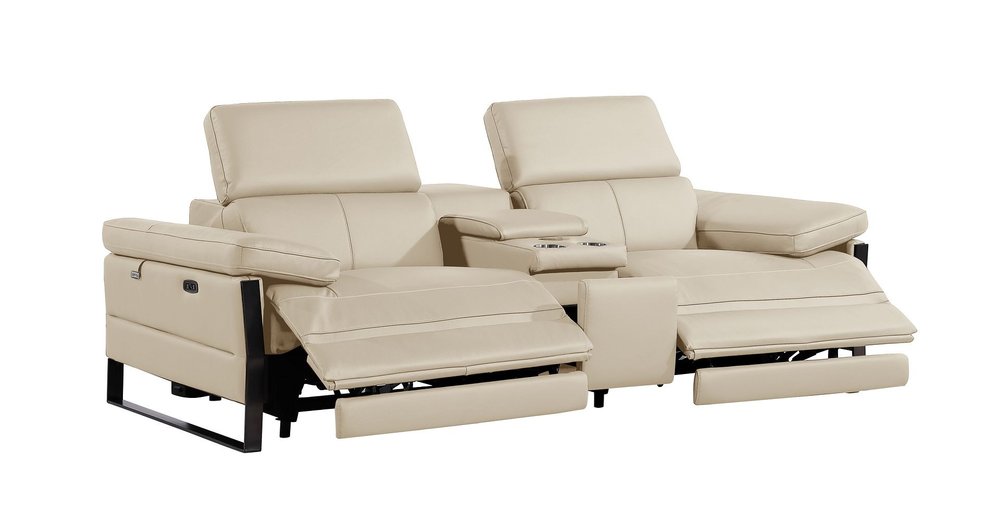 90" Cream and Black Italian Leather Power Reclining Loveseat With Storage