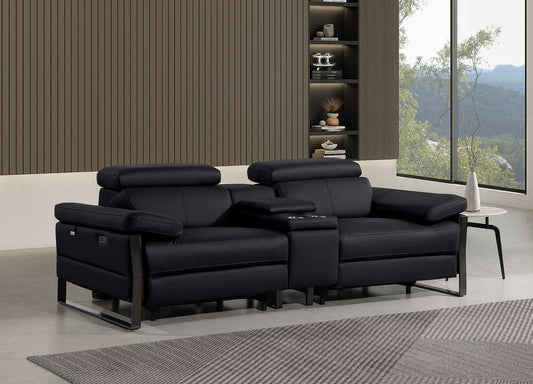 90" Black Italian Leather Power Reclining Loveseat With Storage