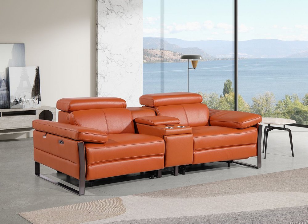 90" Orange and Black Italian Leather Power Reclining Loveseat With Storage