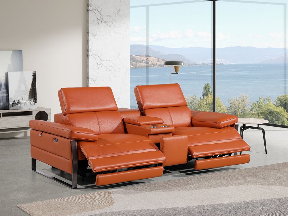 90" Orange and Black Italian Leather Power Reclining Loveseat With Storage