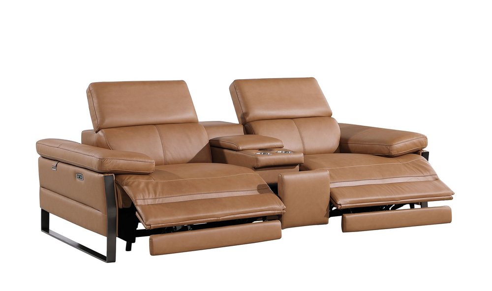 90" Chestnut and Black Italian Leather Power Reclining Loveseat With Storage