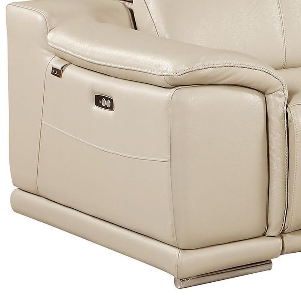 93" Cream and Silver Italian Leather Power Reclining Loveseat With Storage