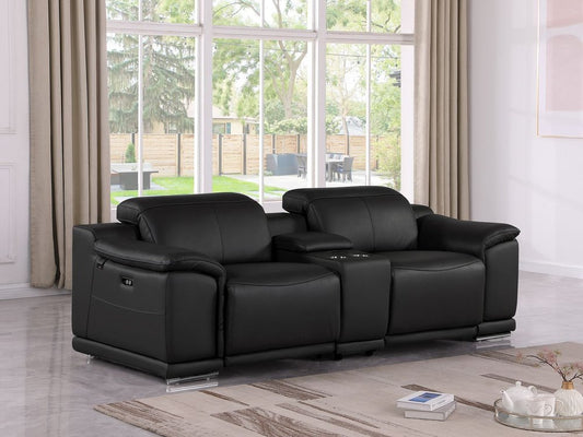 93" Black and Silver Italian Leather Power Reclining Loveseat With Storage