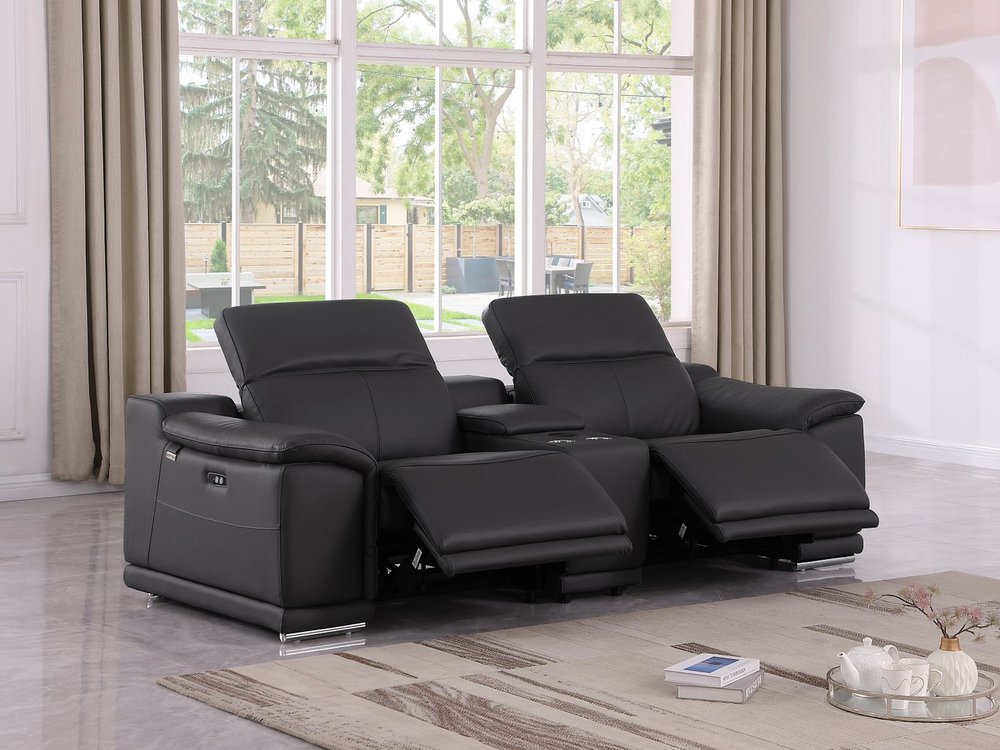 93" Black and Silver Italian Leather Power Reclining Loveseat With Storage