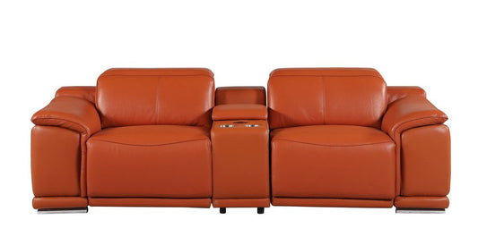 93" Orange and Silver Italian Leather Power Reclining Loveseat With Storage