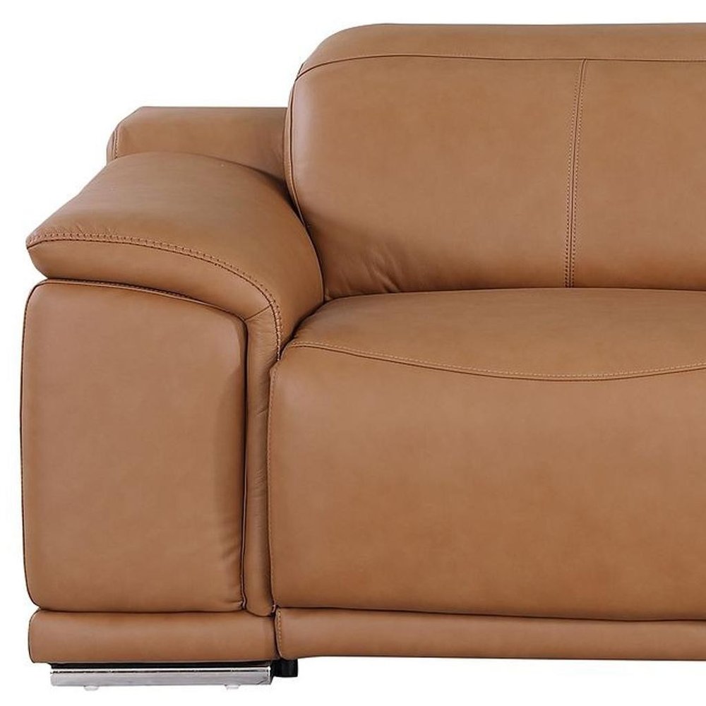 93" Chestnut and Silver Italian Leather Power Reclining Loveseat With Storage