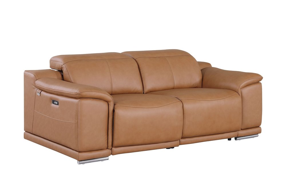 93" Chestnut and Silver Italian Leather Power Reclining Loveseat With Storage