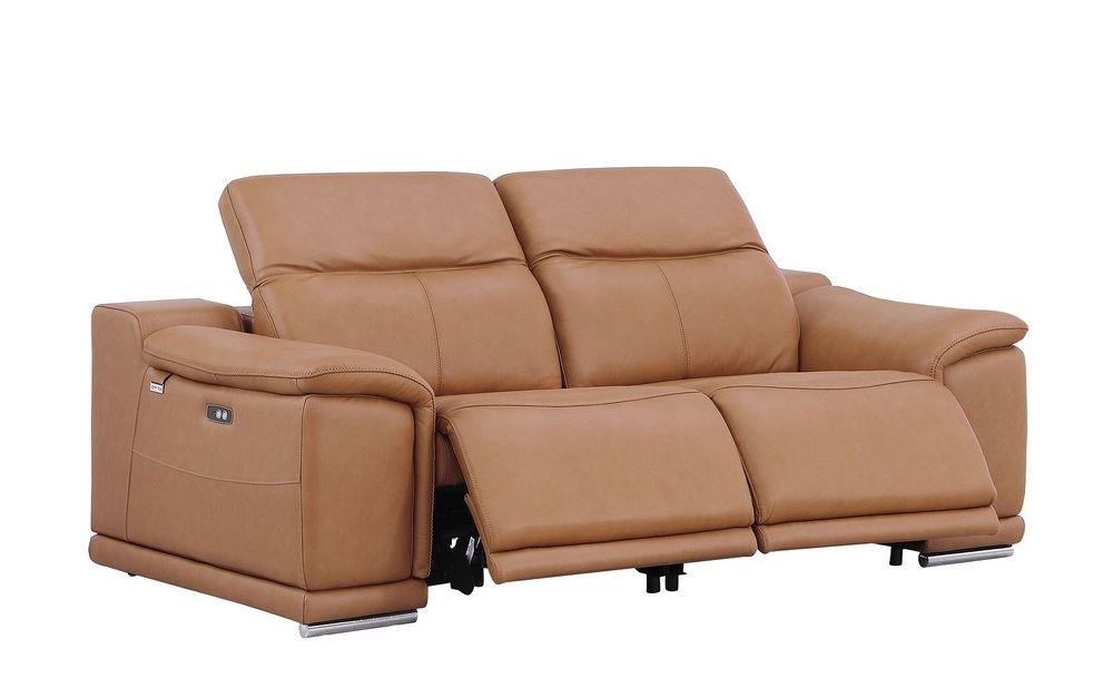93" Chestnut and Silver Italian Leather Power Reclining Loveseat With Storage