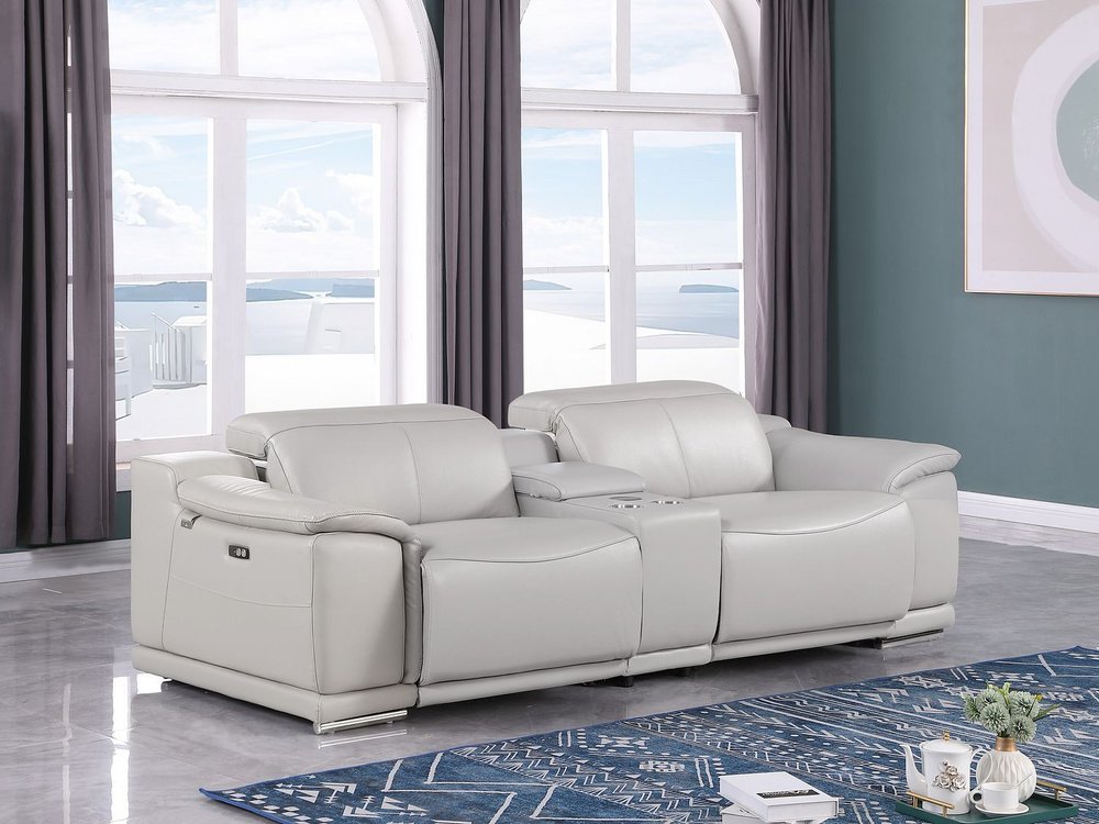 93" Light Gray and Silver Italian Leather Power Reclining Loveseat With Storage