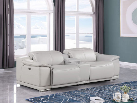 93" Light Gray and Silver Italian Leather Power Reclining Loveseat With Storage