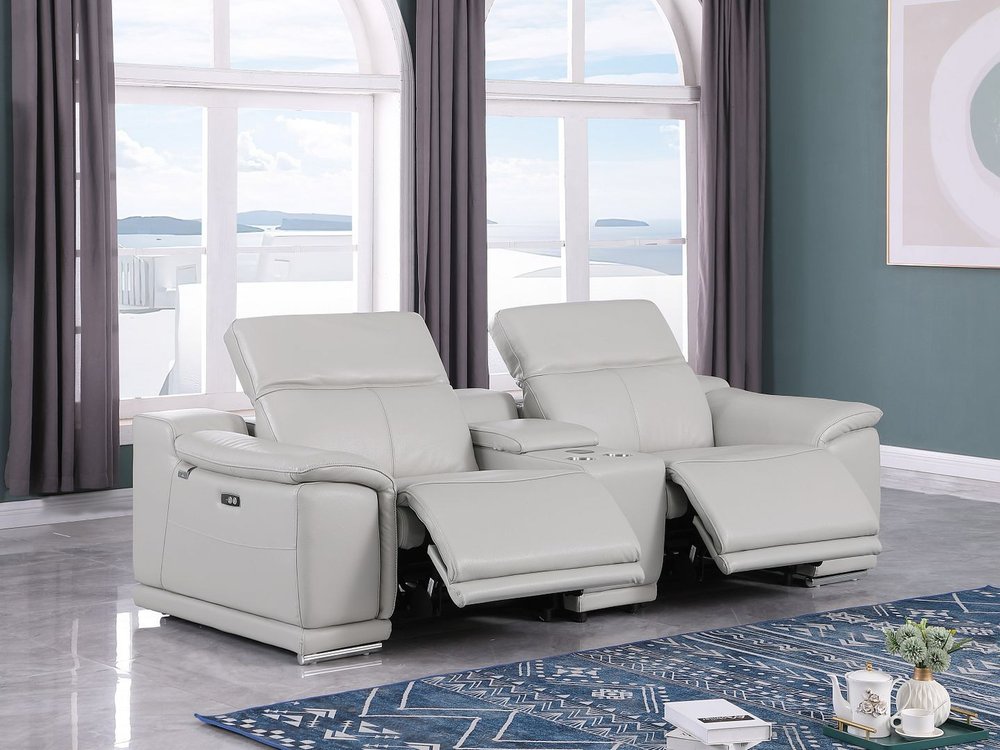 93" Light Gray and Silver Italian Leather Power Reclining Loveseat With Storage