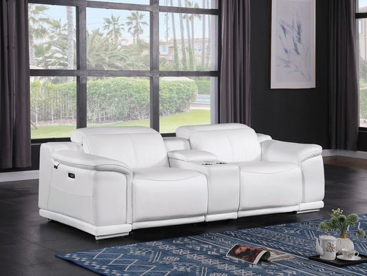 107" White and Silver Italian Leather Power Reclining Loveseat With Storage