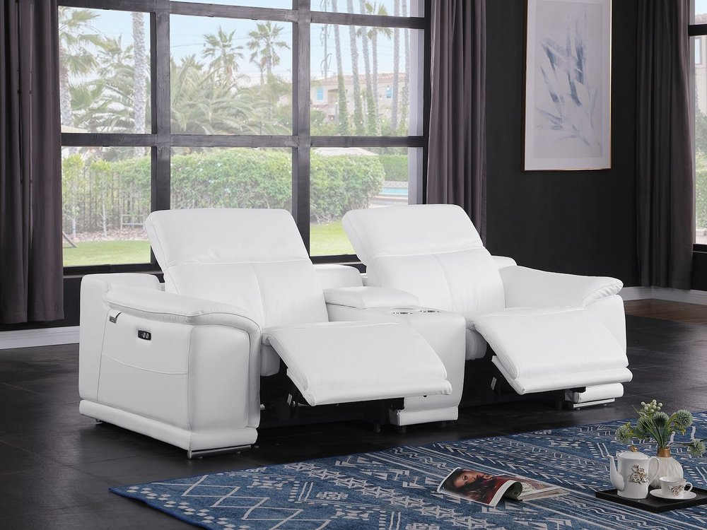 107" White and Silver Italian Leather Power Reclining Loveseat With Storage