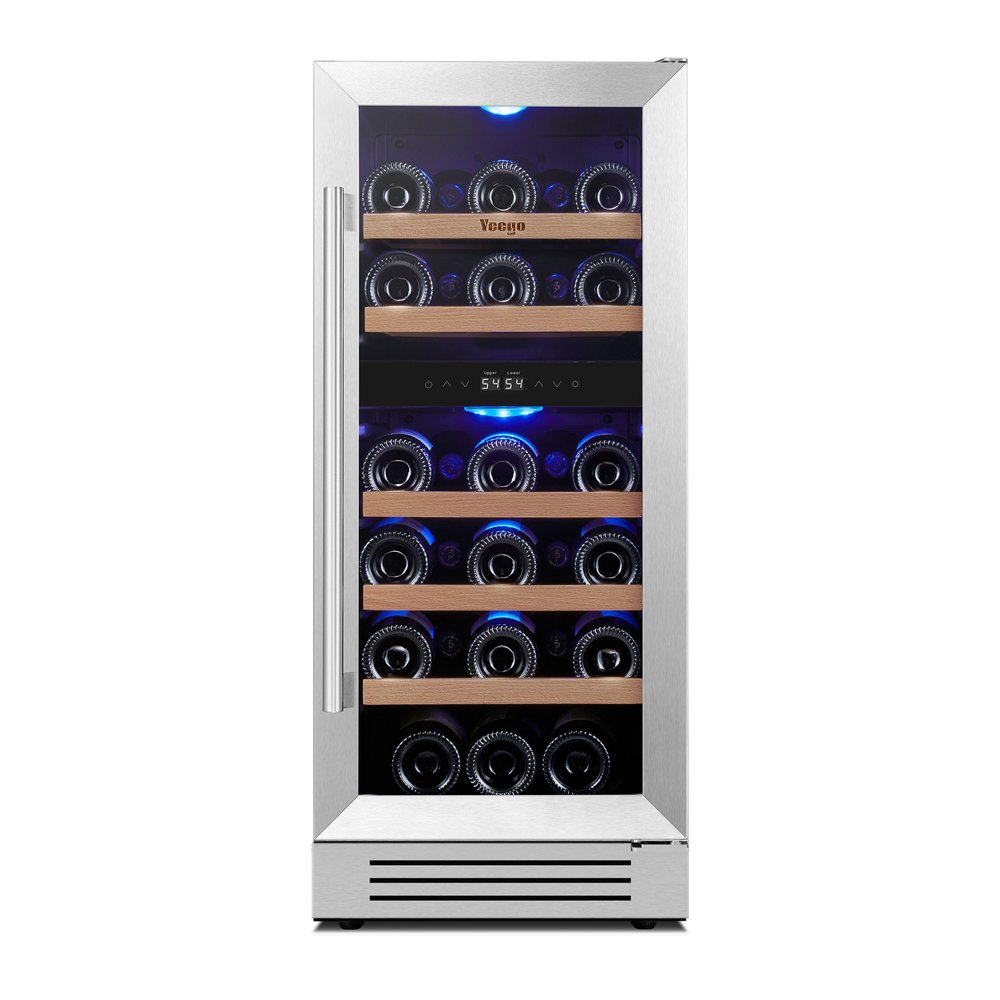 34" X 15" Silver Stainless Steel Dual Compartment Wine Refrigerator