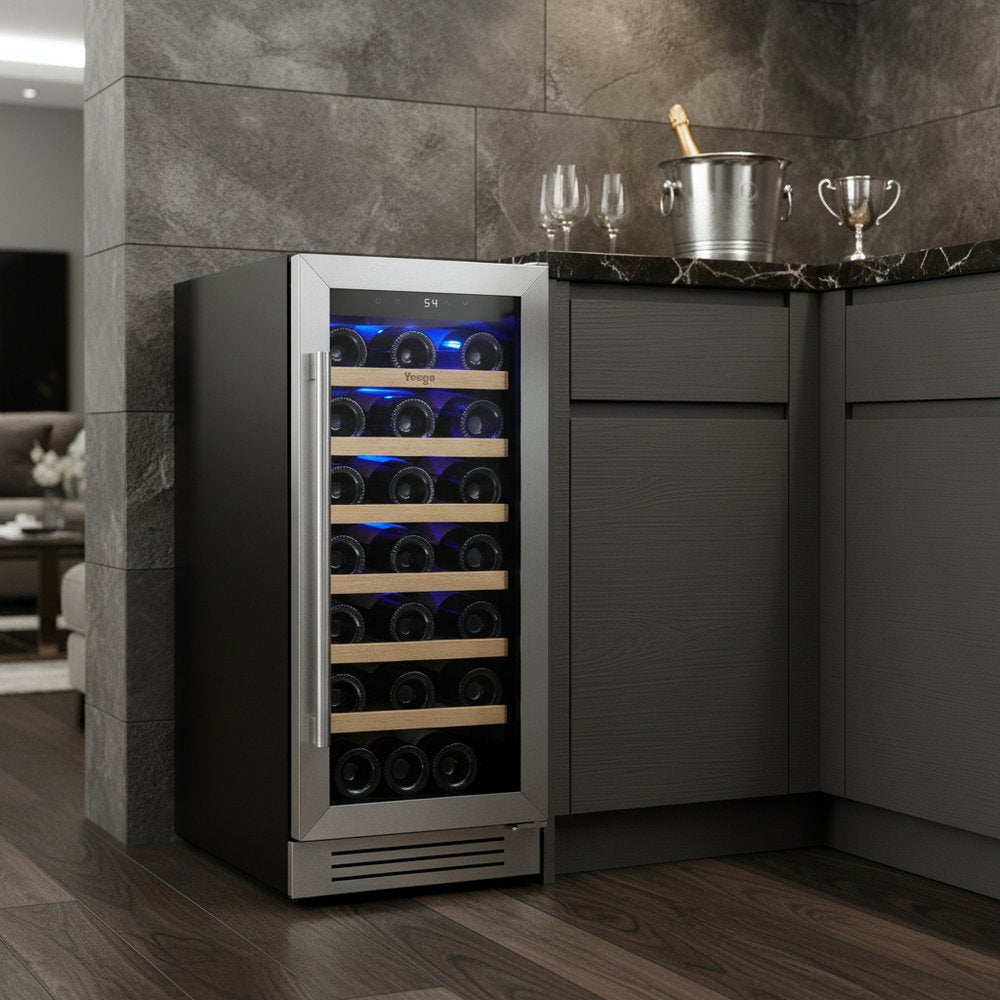 34" X 15" Silver Stainless Steel Single Compartment Wine Refrigerator