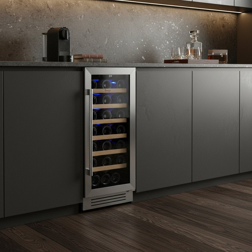 34" X 15" Silver Stainless Steel Single Compartment Wine Refrigerator