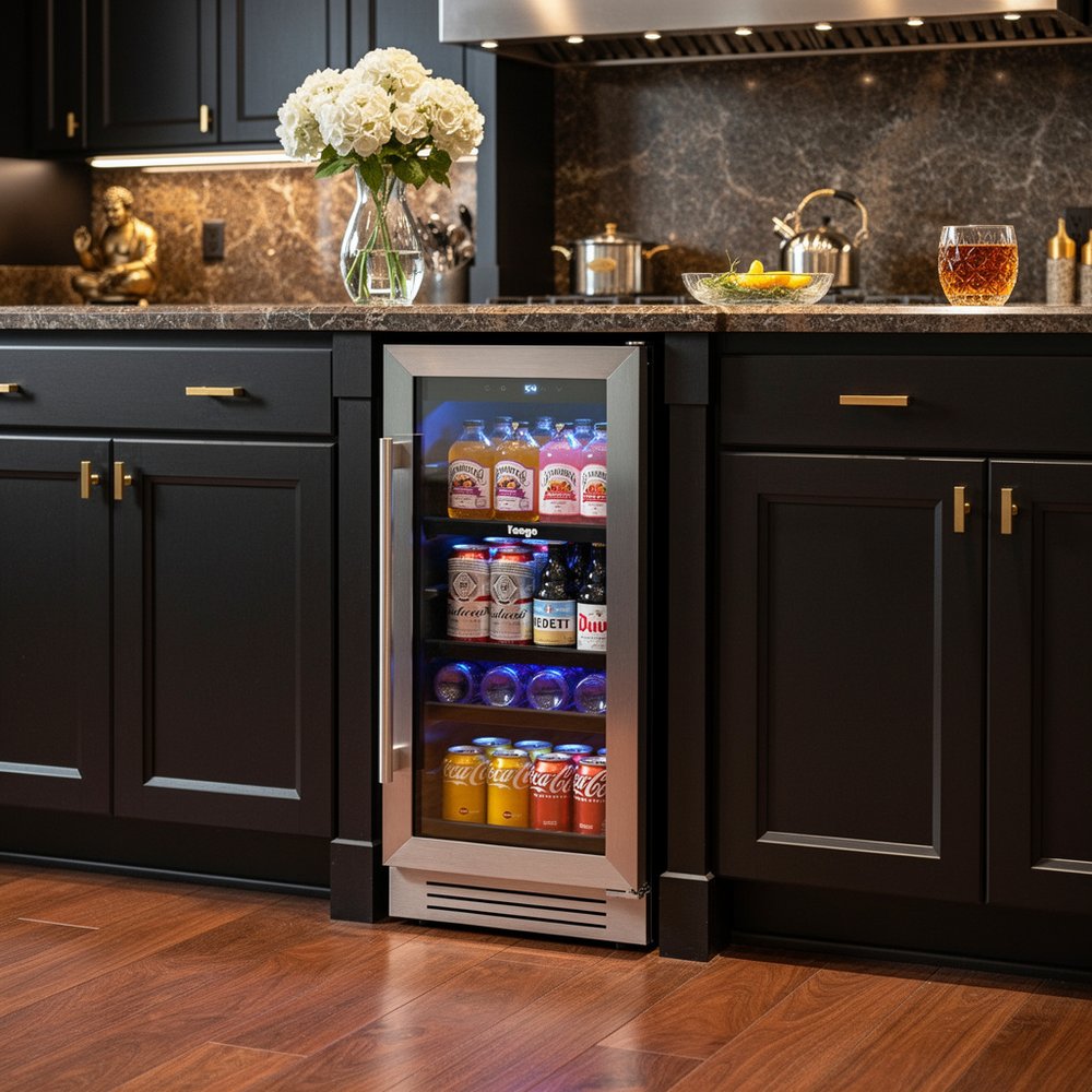 34" X 15" Silver and Black Stainless Steel Single Compartment Can Beverage Refrigerator