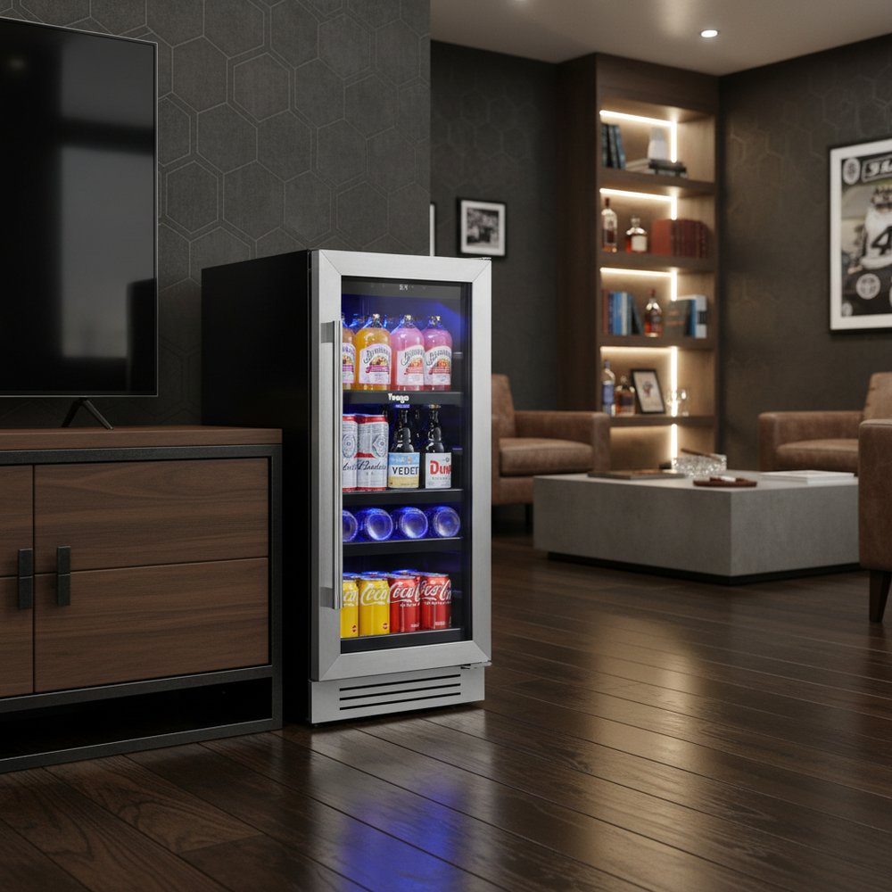 34" X 15" Silver and Black Stainless Steel Single Compartment Can Beverage Refrigerator