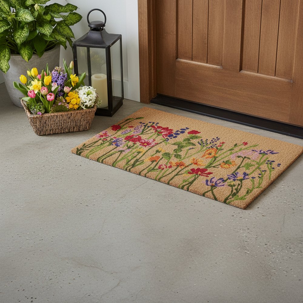 18" X 30" Brown Green And Purple Floral Outdoor Coir Door Mat