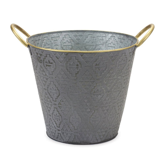 Set of Three Gold And Gray Metal 48 Ounce Geometric Round Distressed Pot Planters