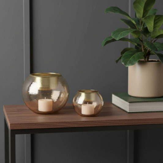 Set of Two Gold Abstract Glass Tabletop Votive Candle Holders