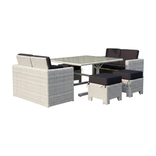 Seven Piece White and Dark Gray Wicker Upholstered Cushions Outdoor Patio Set With Table